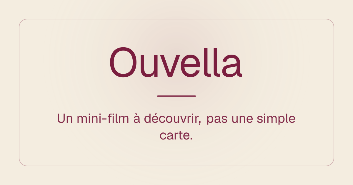 Image de marque Ouvella avec son slogan « Un mini-film à découvrir, pas une simple carte. »
